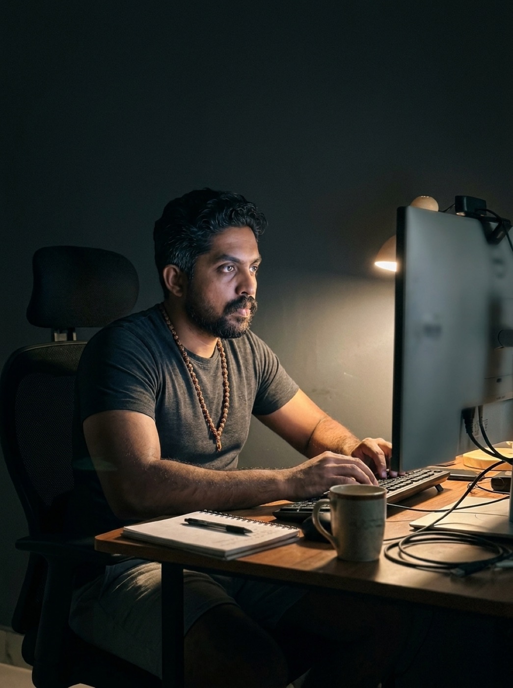 Praveen TT at his desk mid-build, monitor glow lighting his face in a dark room
